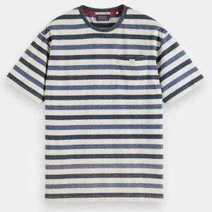 Scotch & Soda Men's Yarn-Dyed Blue and Green Striped T-Shirt Size: x-large